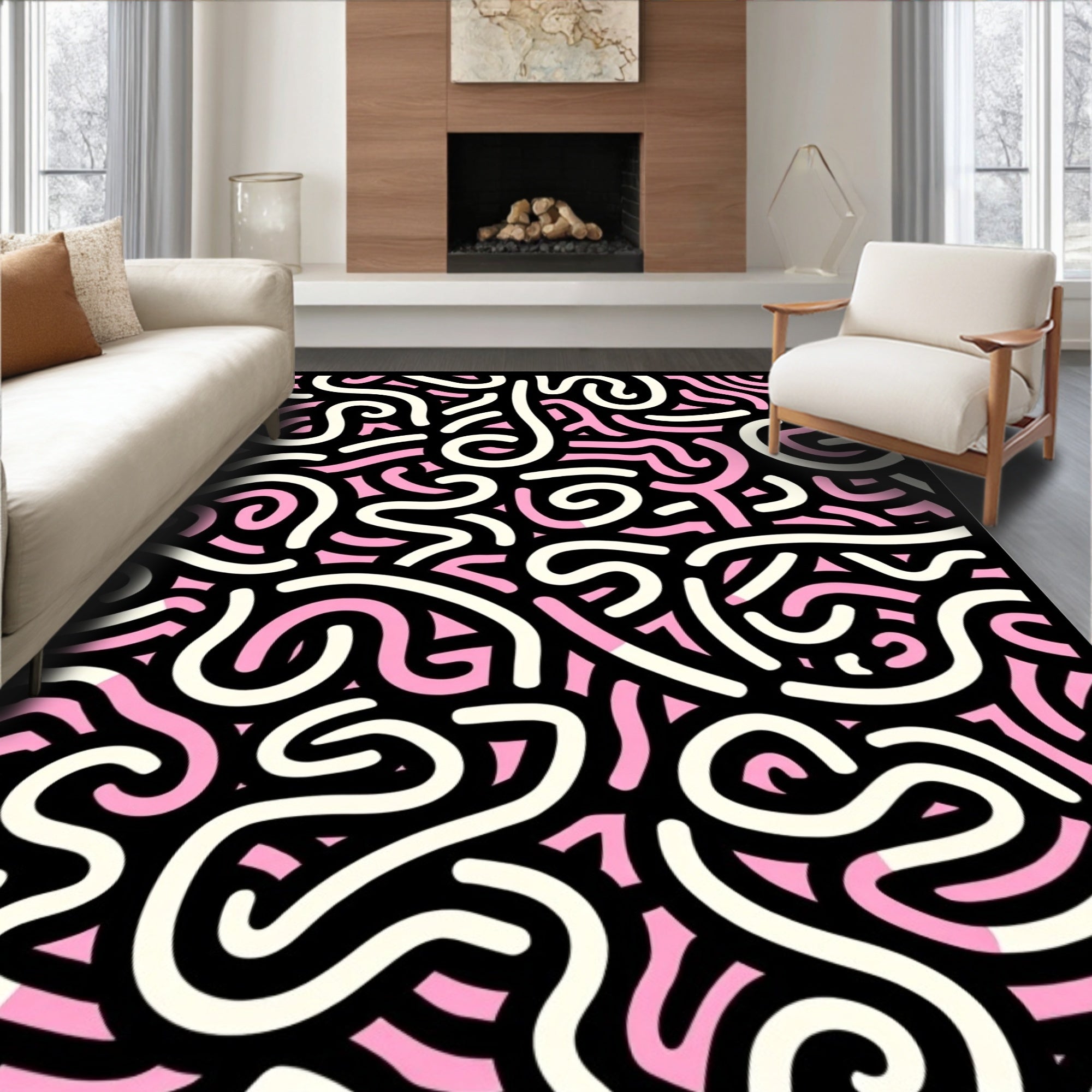 Pink White Swirl Abstract Pattern Rug
