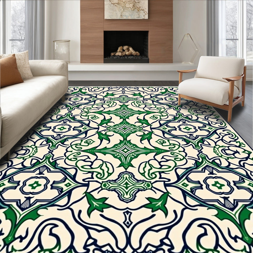 Ornate Green Ivory Floral Pattern Rug