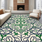 Ornate Green Ivory Floral Pattern Rug