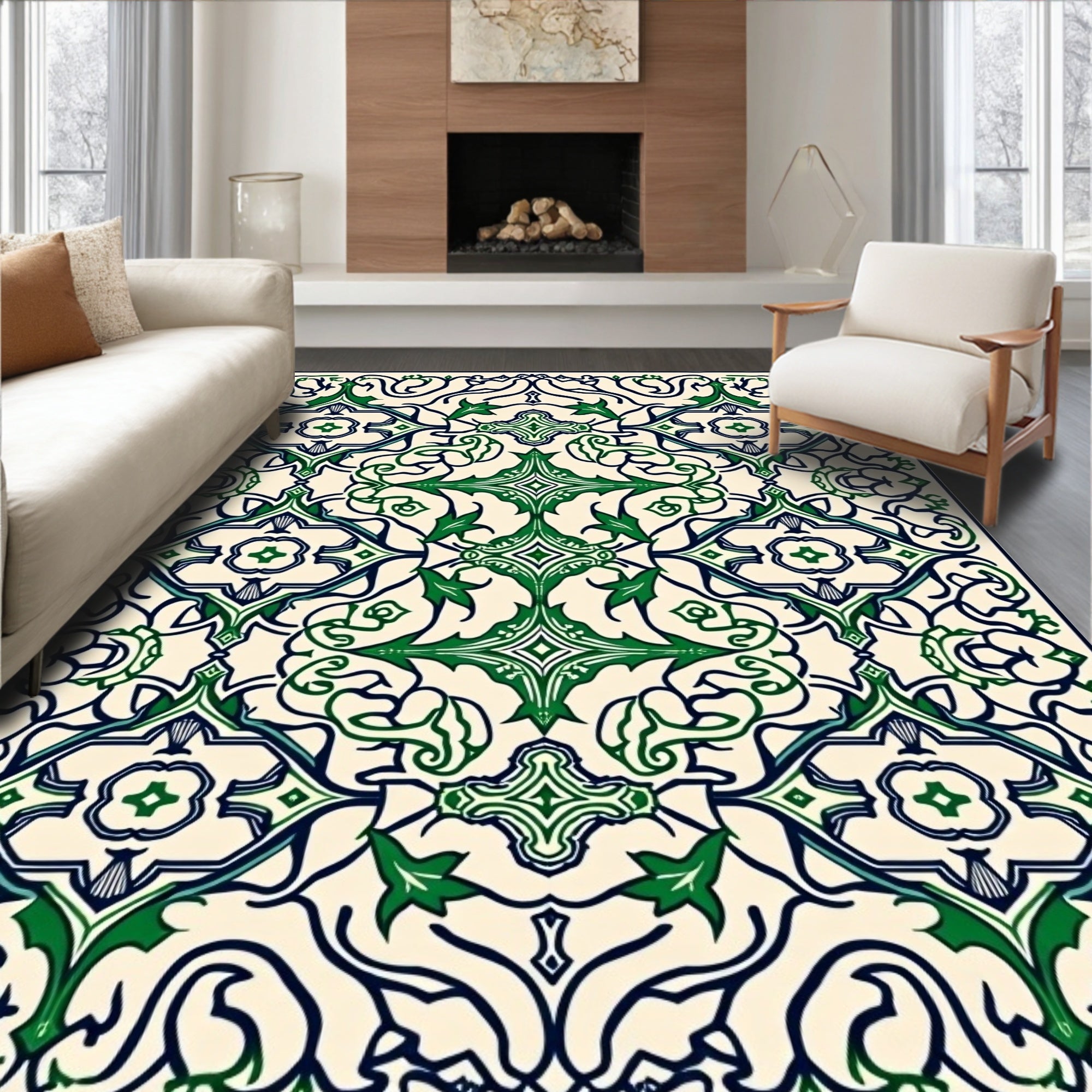 Ornate Green Ivory Floral Pattern Rug