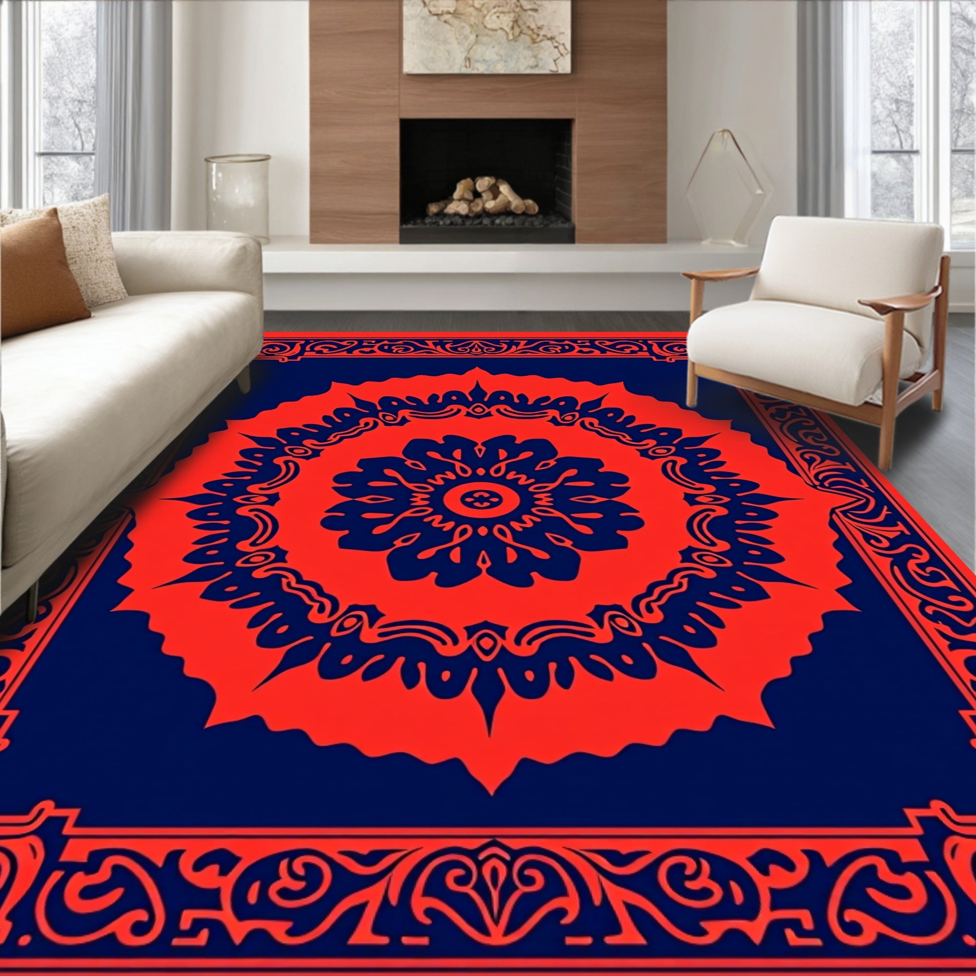Bold Floral Mandala With Border Design Rug