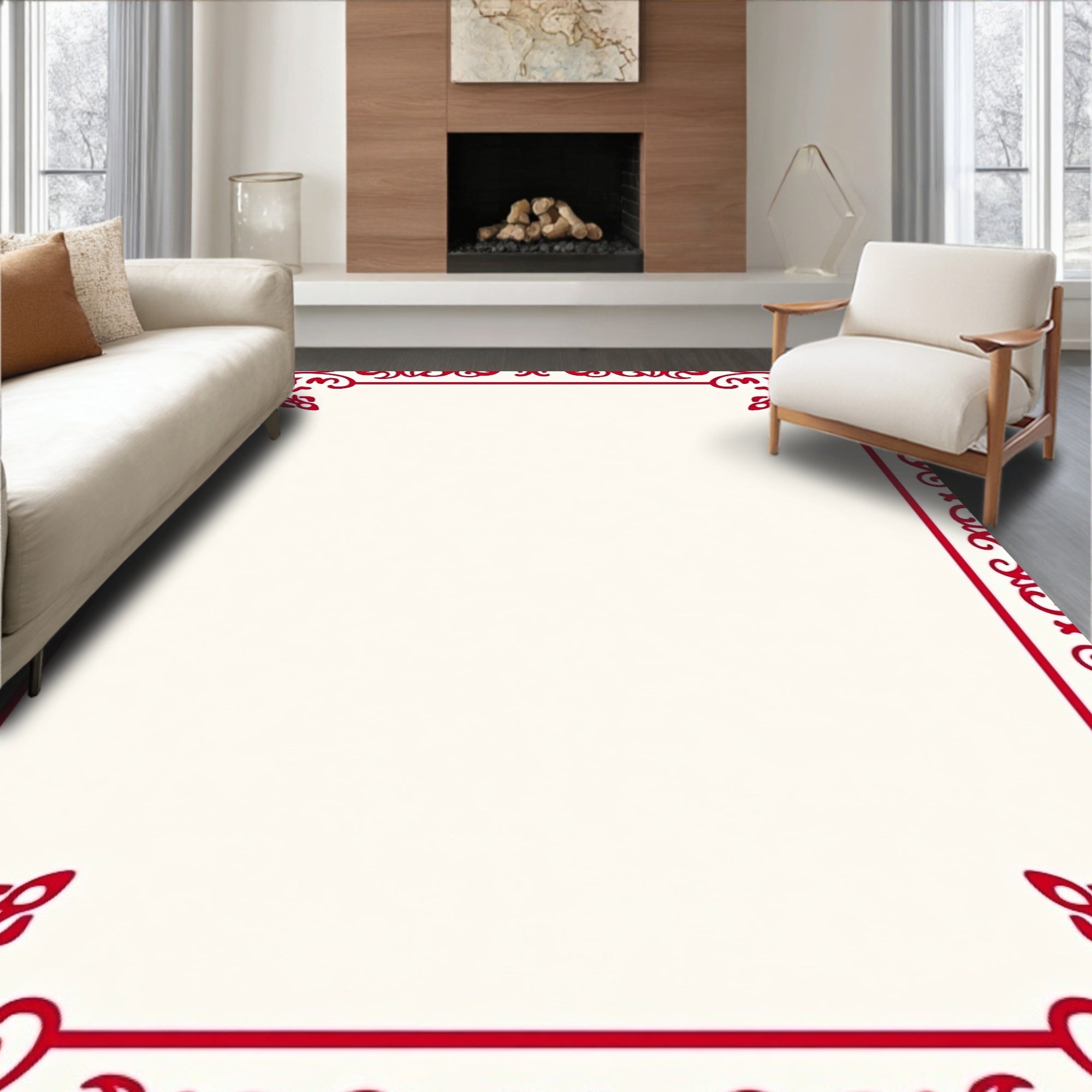 Red Ornate Floral Border Rug