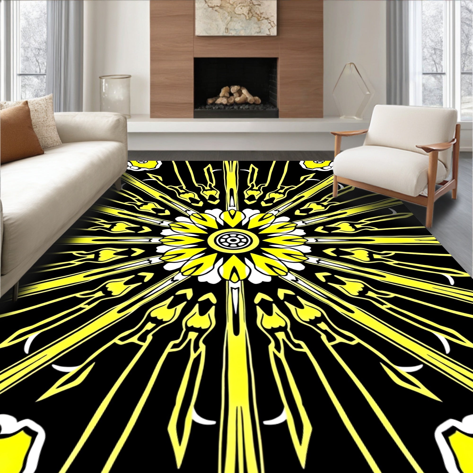 Yellow Sunburst Geometric Art Rug