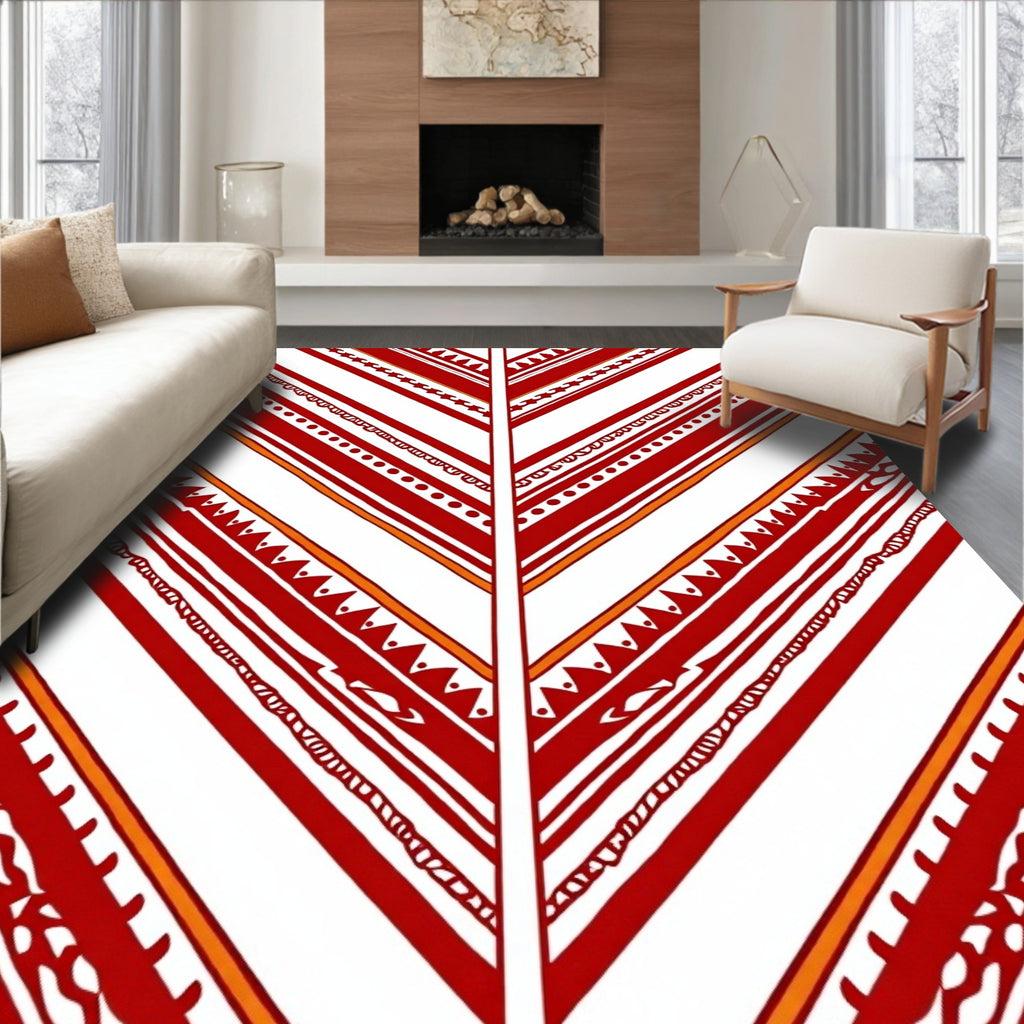 Red White Geometric Stripe Design Rug