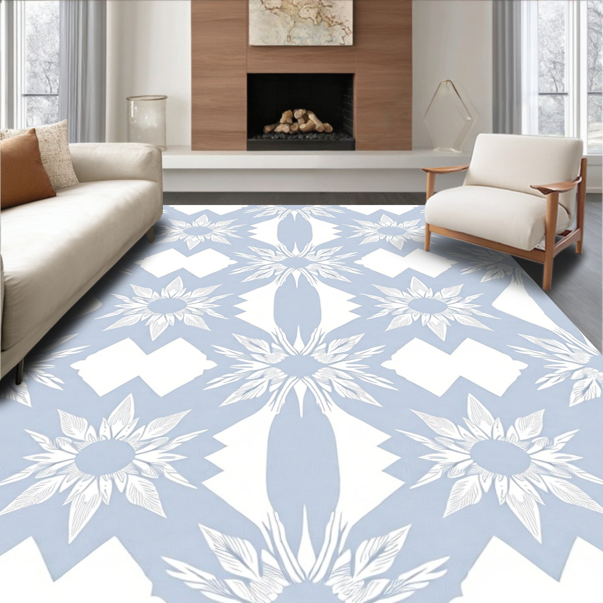 Light Blue Floral Geometric Pattern Rug