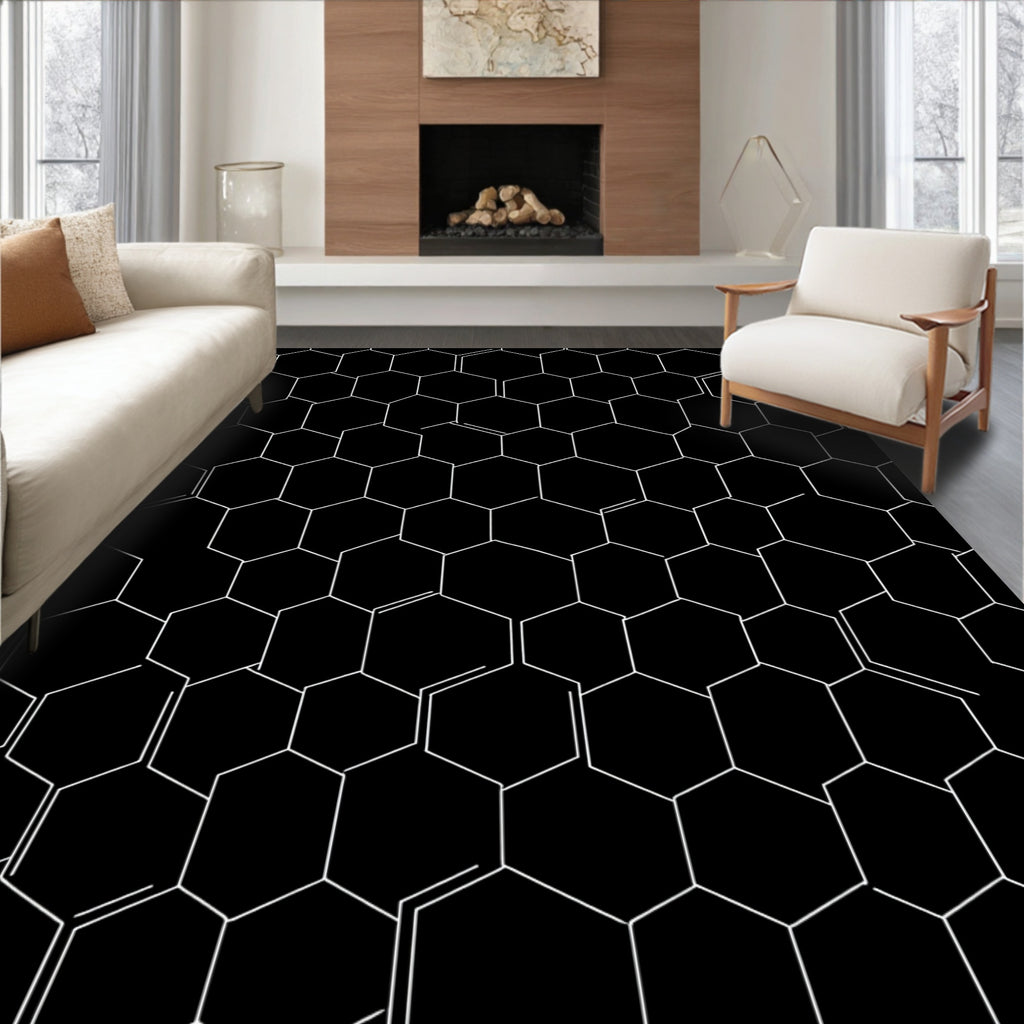 Modern Black White Hexagon Pattern Rug