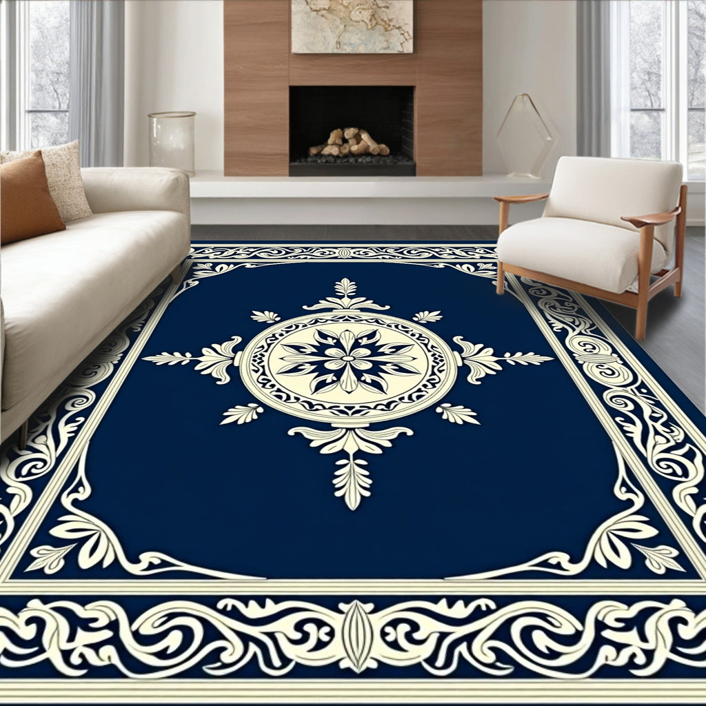 Deep Blue Cream Ornate Classic Rug