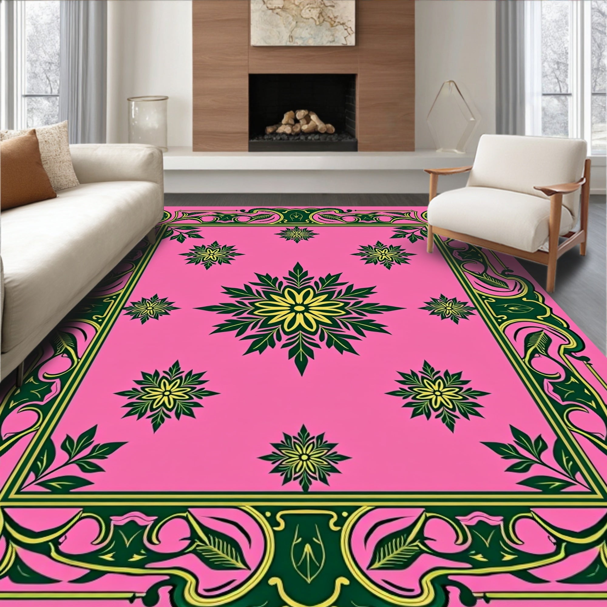 Ornate Floral Frame With Pink Background Rug