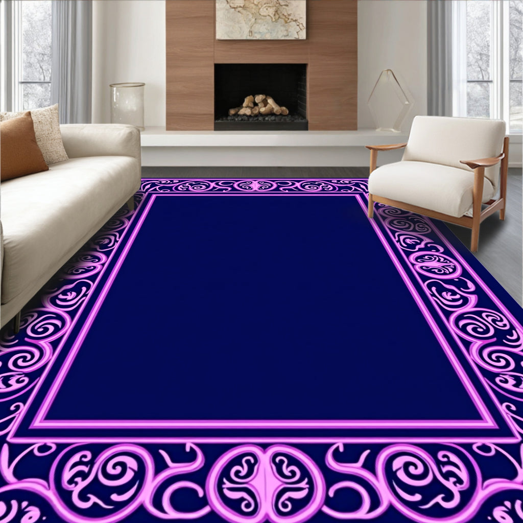 Ornate Pink Navy Floral Border Rug