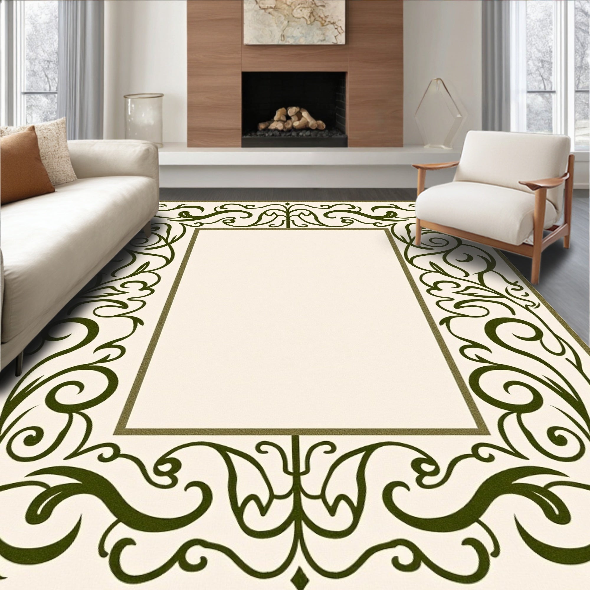 Elegant Green Floral Scroll Border Design Rug