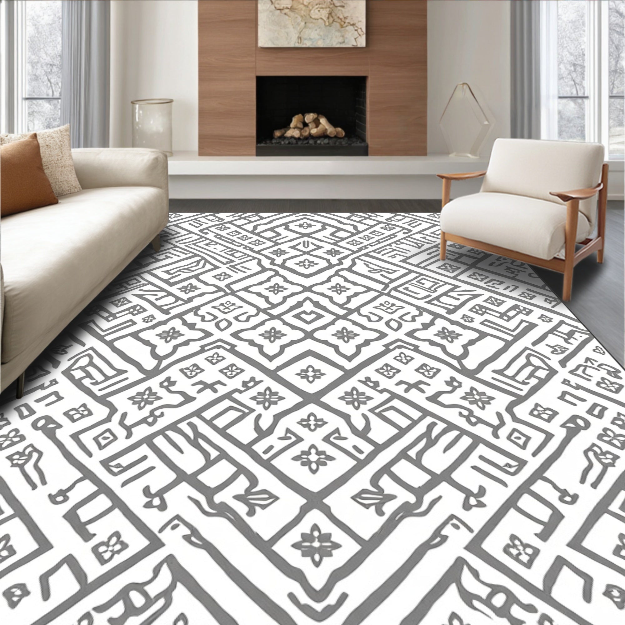 Geometric Maze With Floral Accents Rug