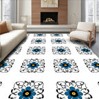 Charming Blue Floral Square Pattern Rug