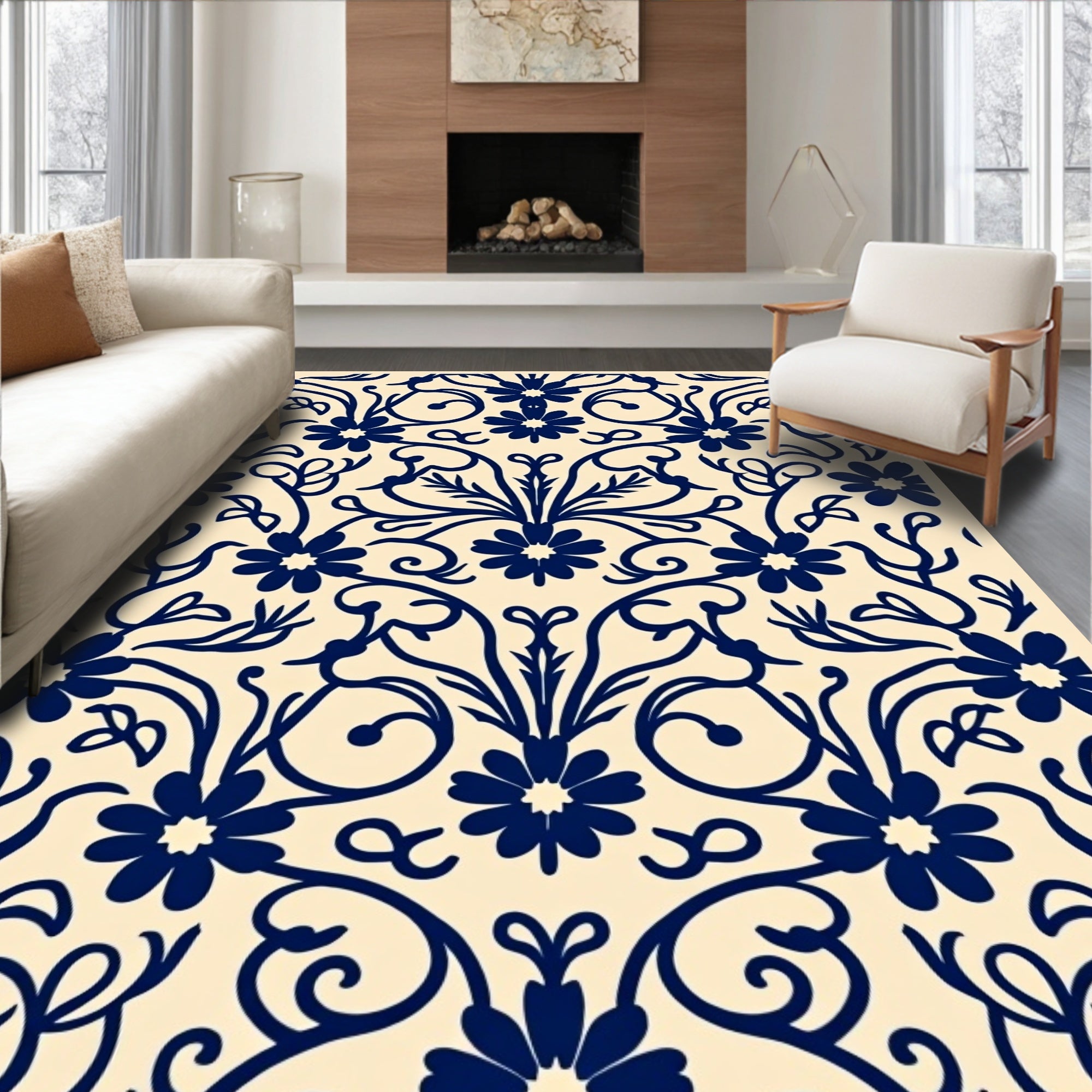 Dark Navy Floral Swirl Pattern Rug