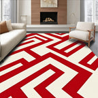 Bold Red White Geometric Maze Pattern Rug