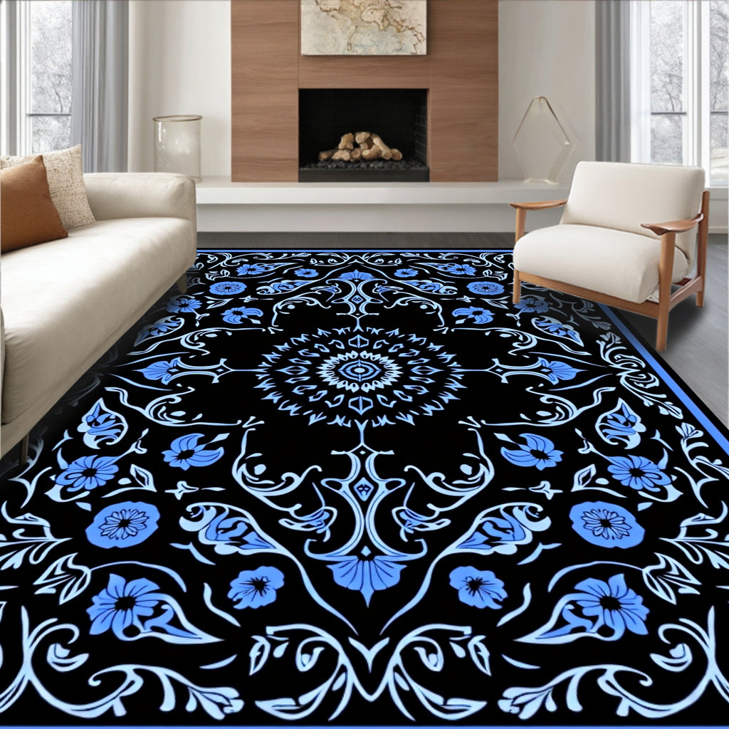 Black Floral Scrollwork Medallion Pattern Rug