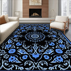 Black Floral Scrollwork Medallion Pattern Rug