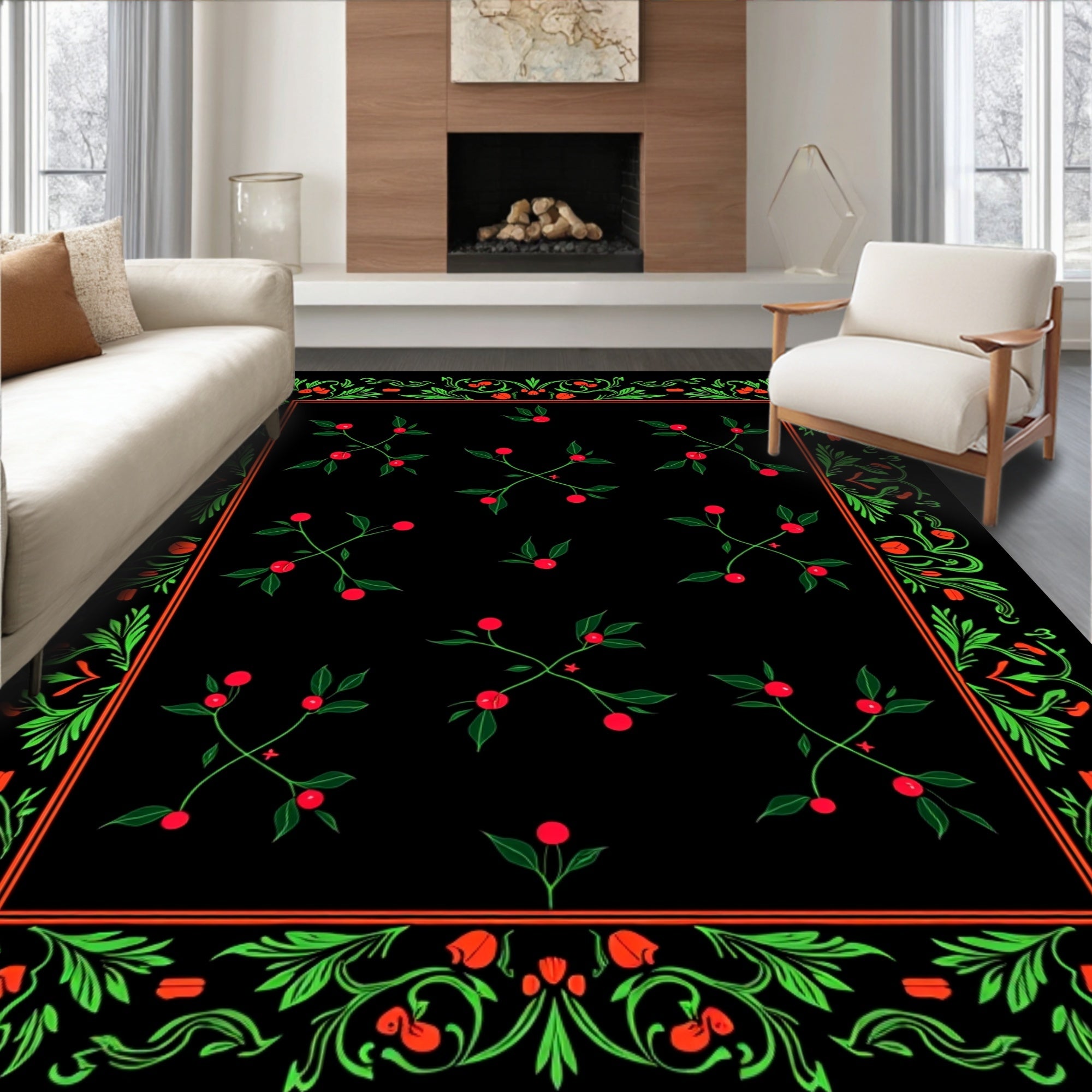Vivid Green Floral Red Berry Border Rug