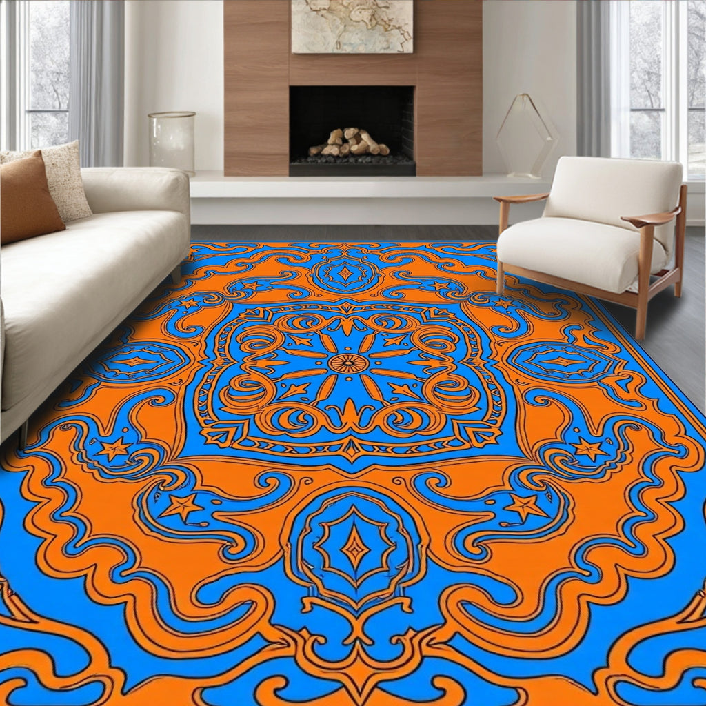 Vibrant Orange Blue Paisley Pattern Rug