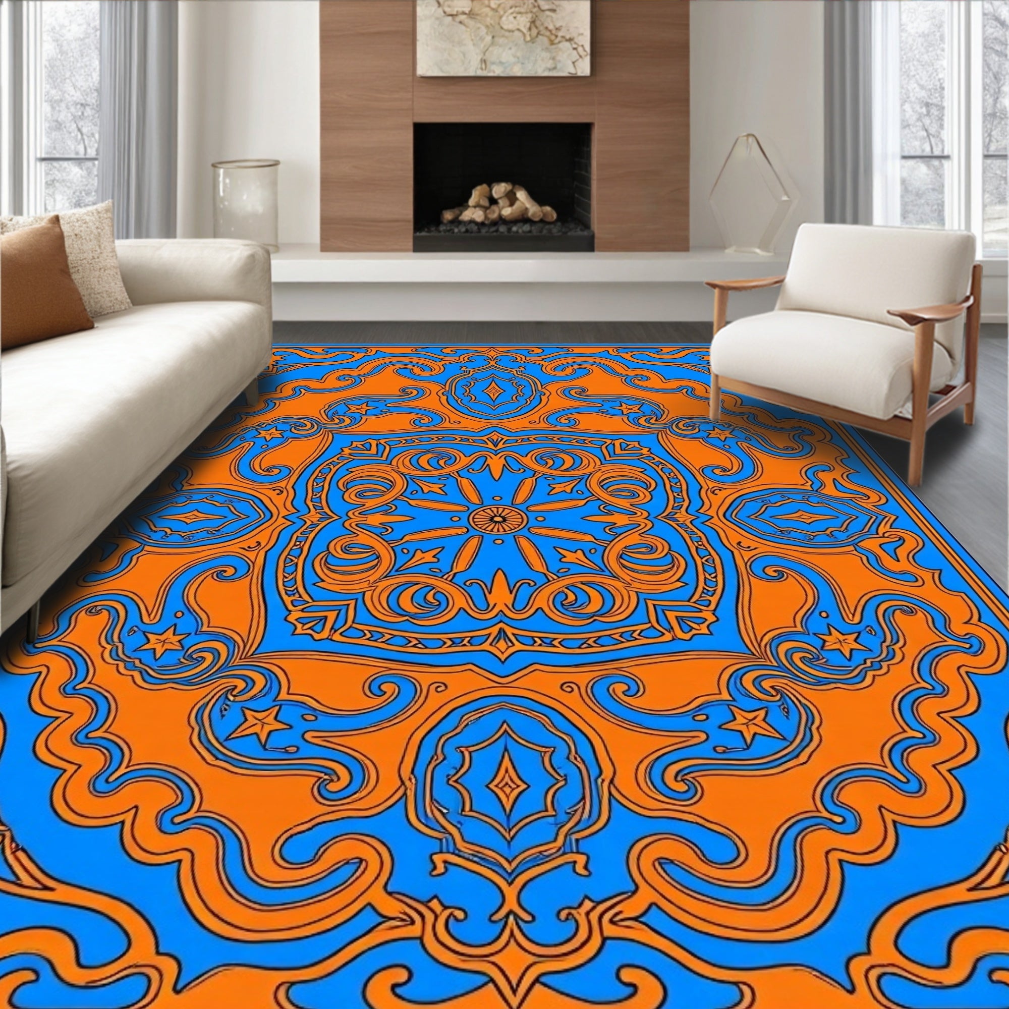 Vibrant Orange Blue Paisley Pattern Rug