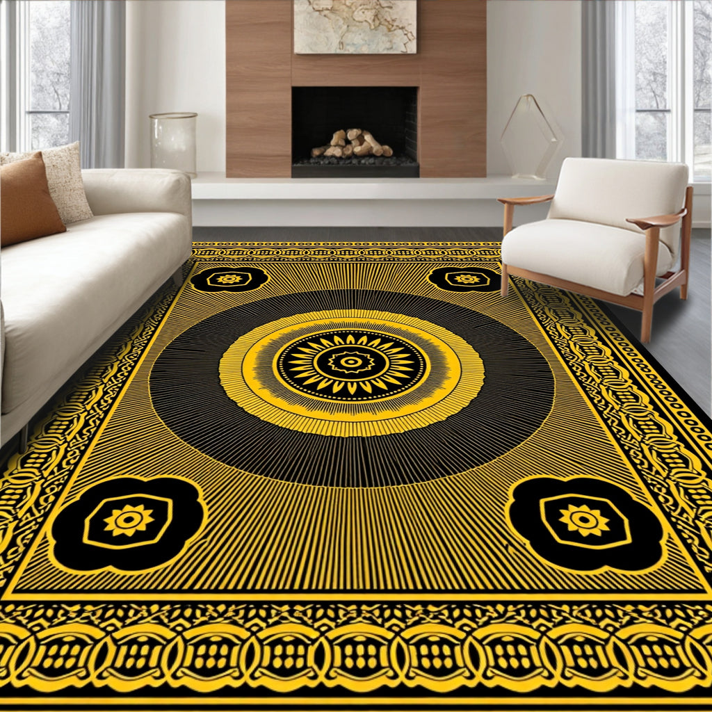 Bold Sunburst Floral Black Yellow Rug