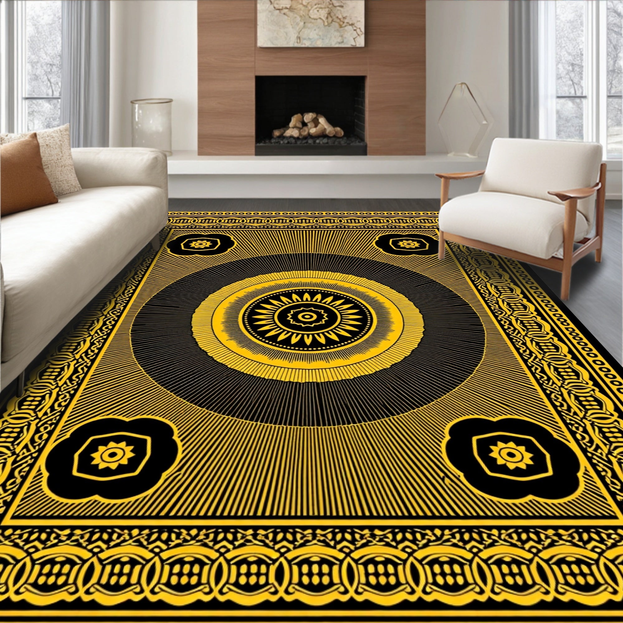 Bold Sunburst Floral Black Yellow Rug