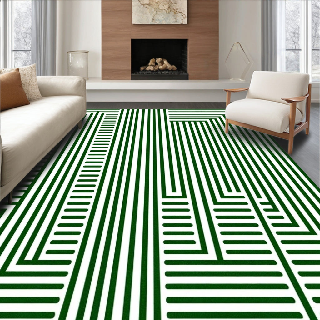 Modern Green Stripe Geometric Design Rug