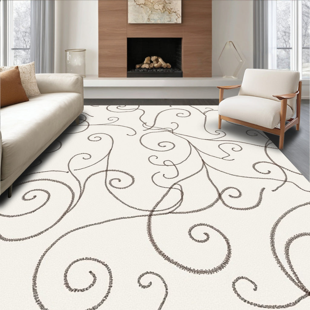Cream Scroll Vine Pattern Art Rug