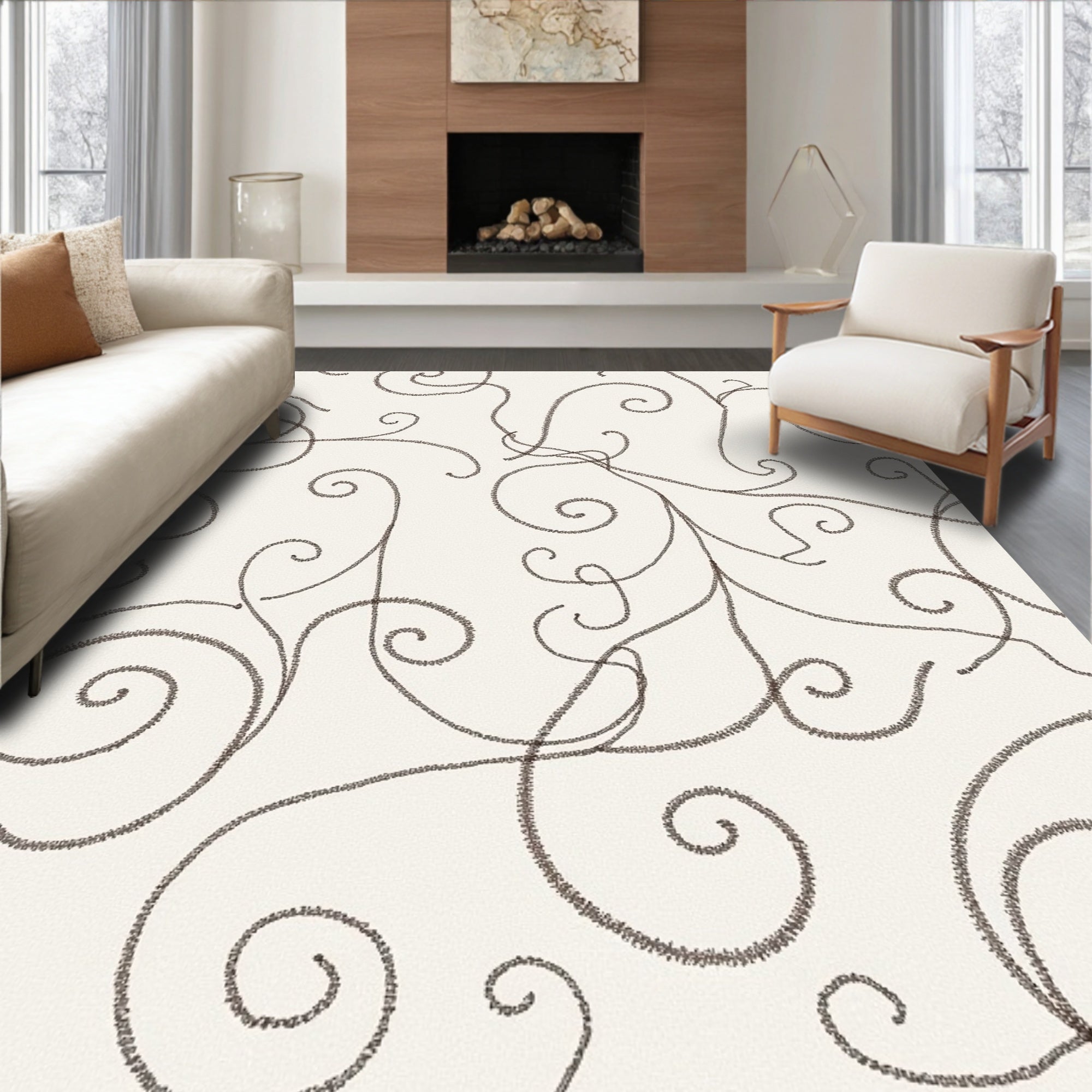 Cream Scroll Vine Pattern Art Rug
