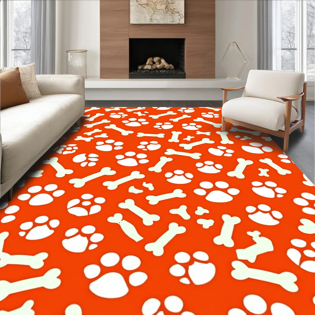 Playful Orange Paw Print Bone Pattern Rug