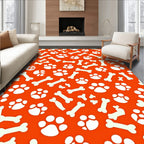 Playful Orange Paw Print Bone Pattern Rug