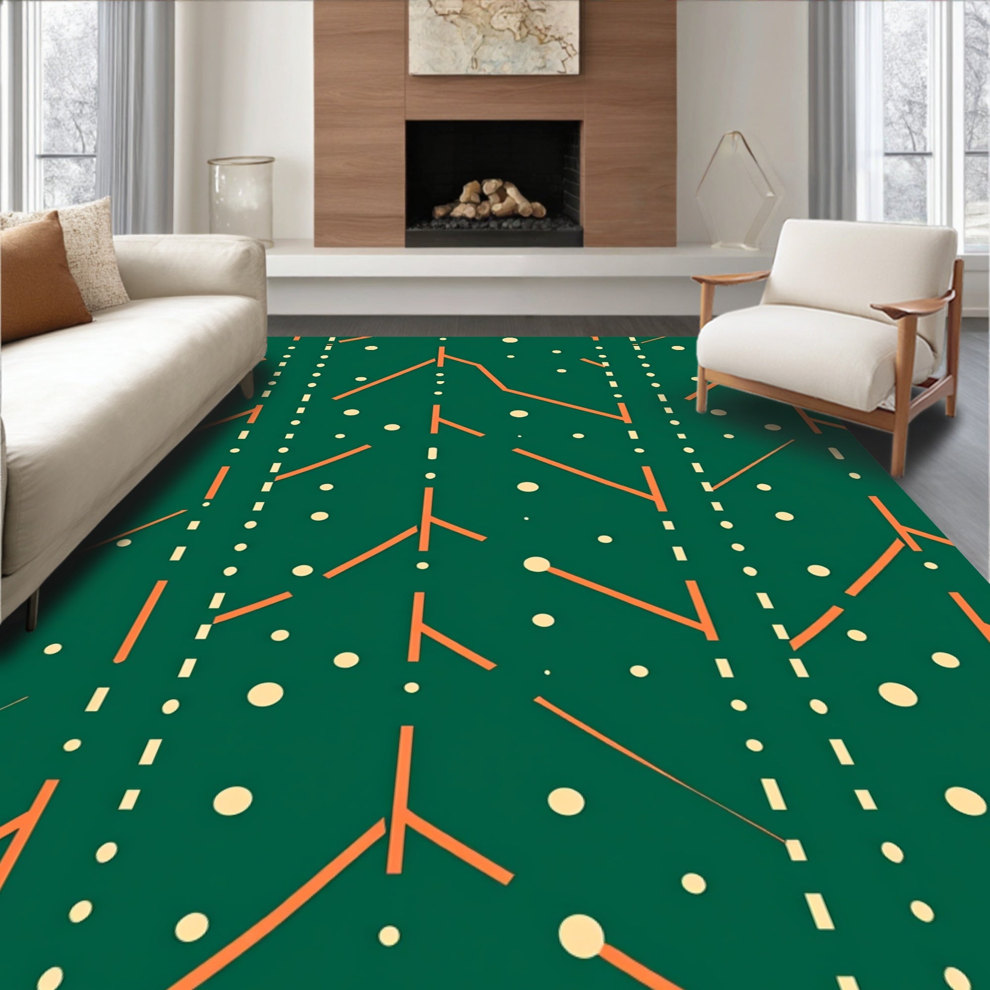 Green Orange Line Dot Pattern Rug