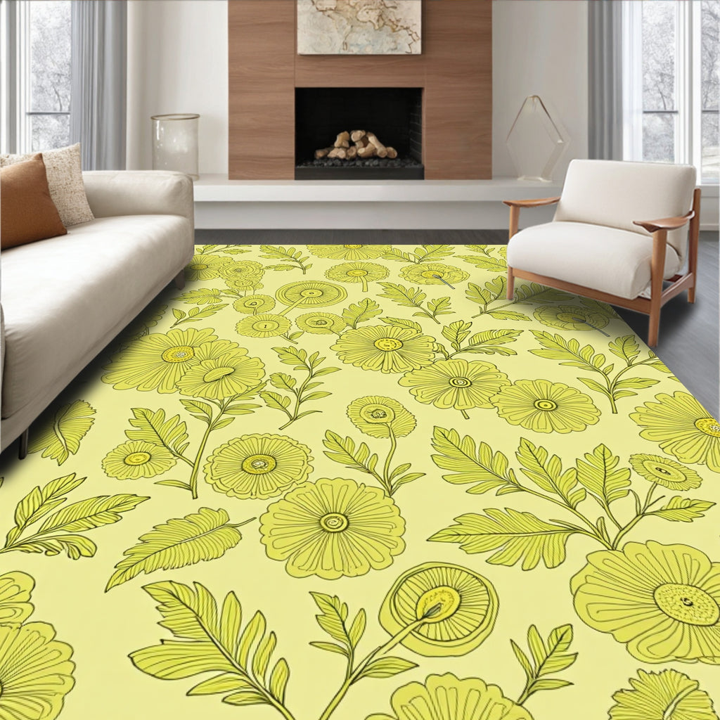 Yellow Floral Botanical Line Art Rug