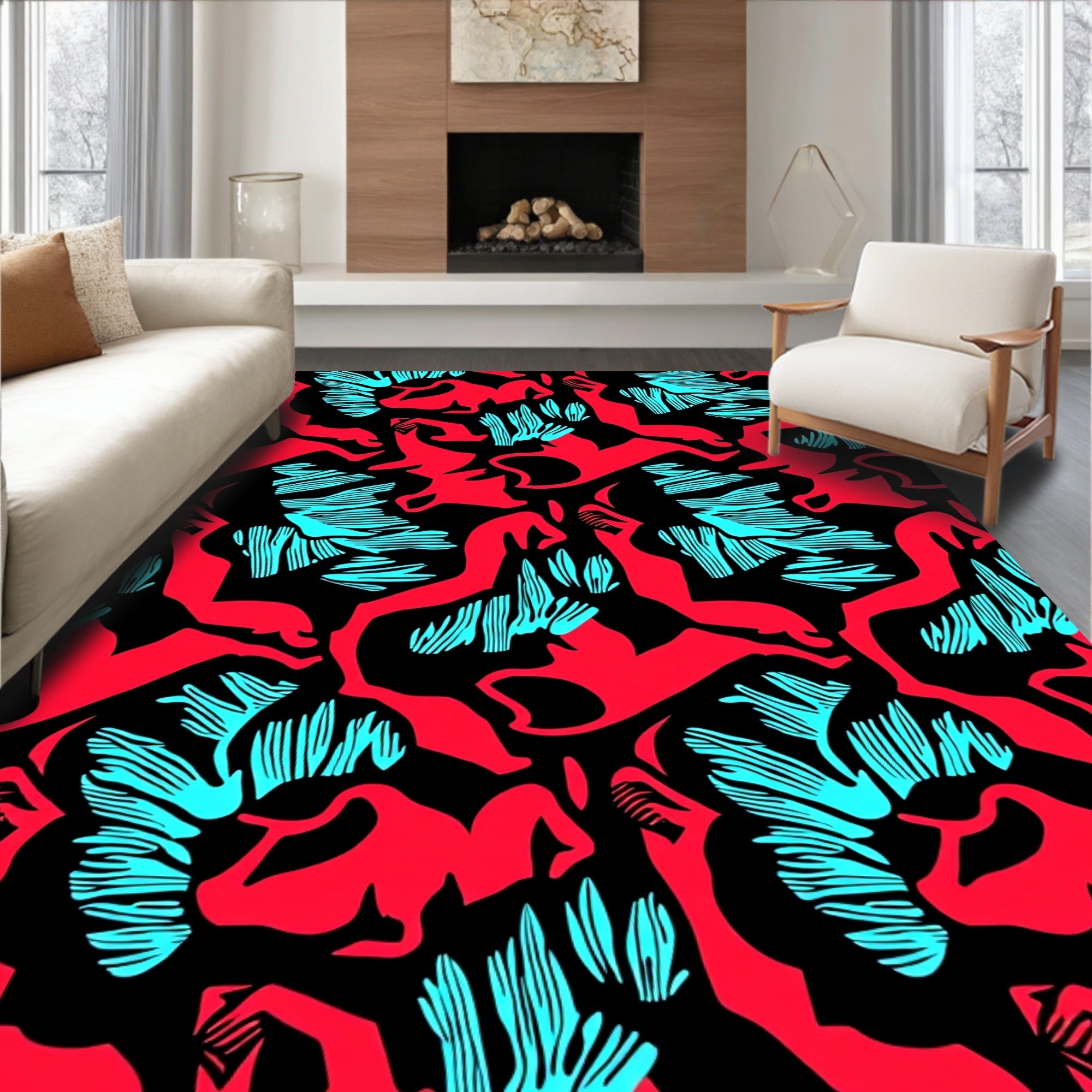 Bold Red Aqua Figures Abstract Rug