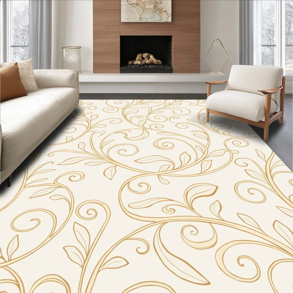 Elegant Gold Swirl Leaf Pattern Rug