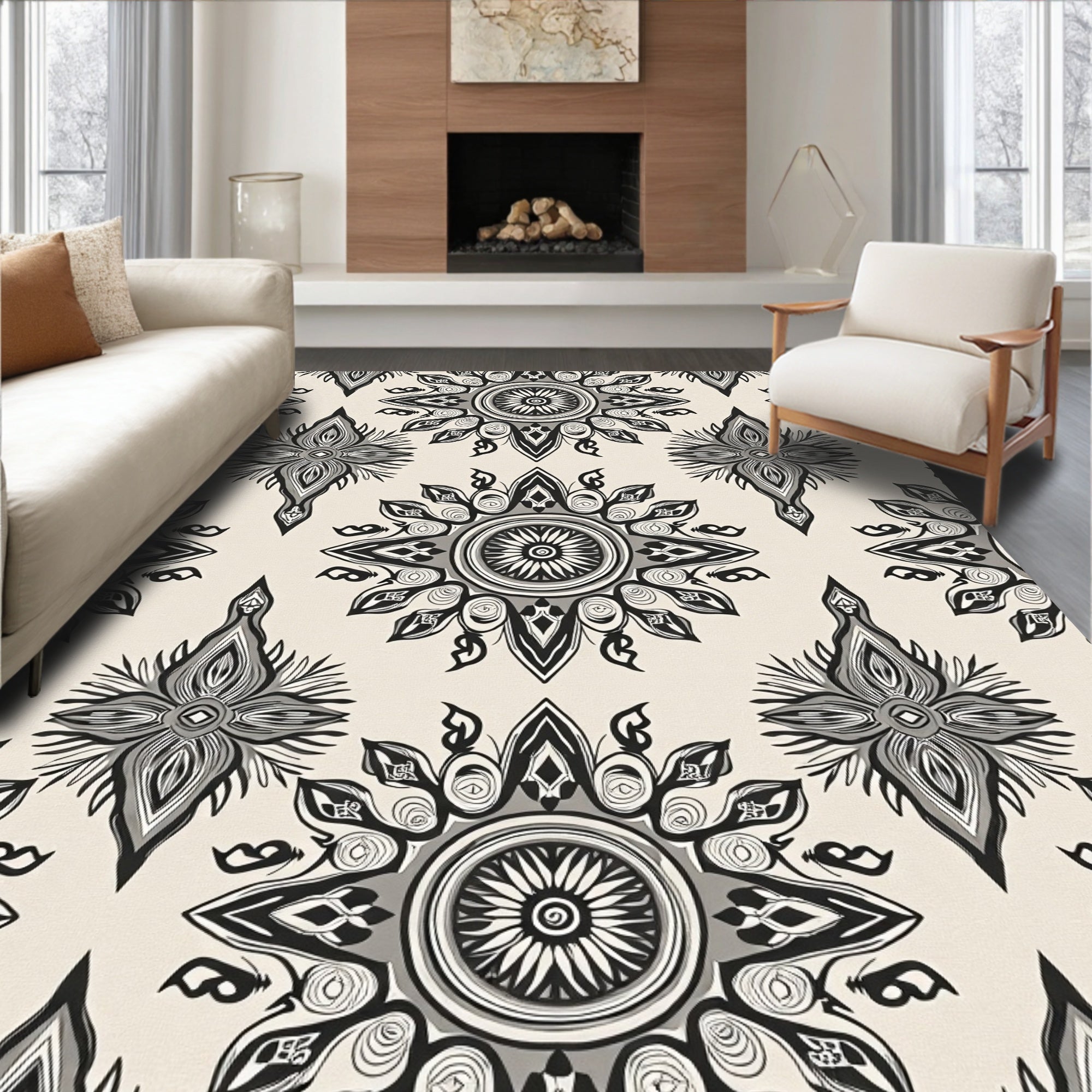 Monochromatic Mandala Star Patterned Rug