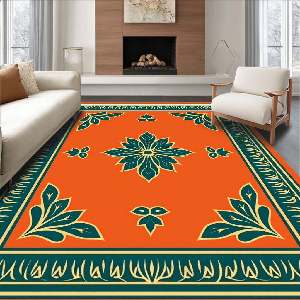 Orange Teal Floral Corner Pattern Rug