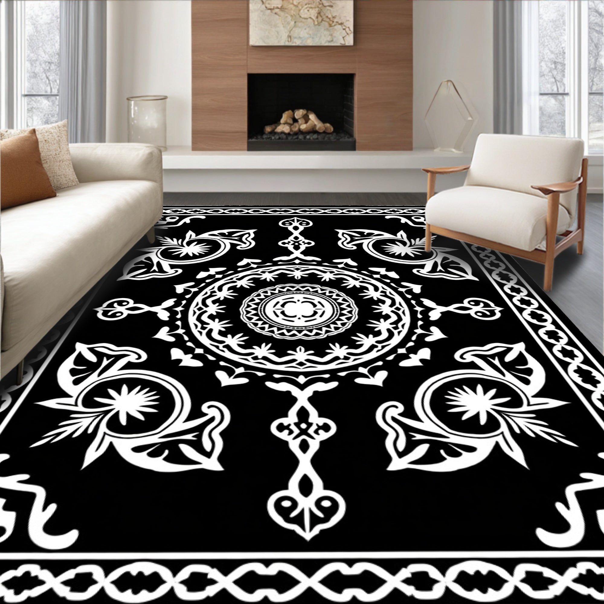 Classic Black White Ornamental Pattern Rug