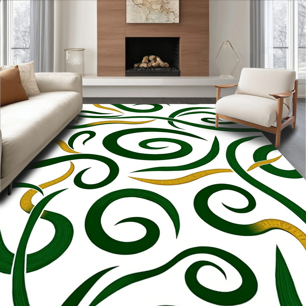Green and Gold Swirling Vines Design Rug
