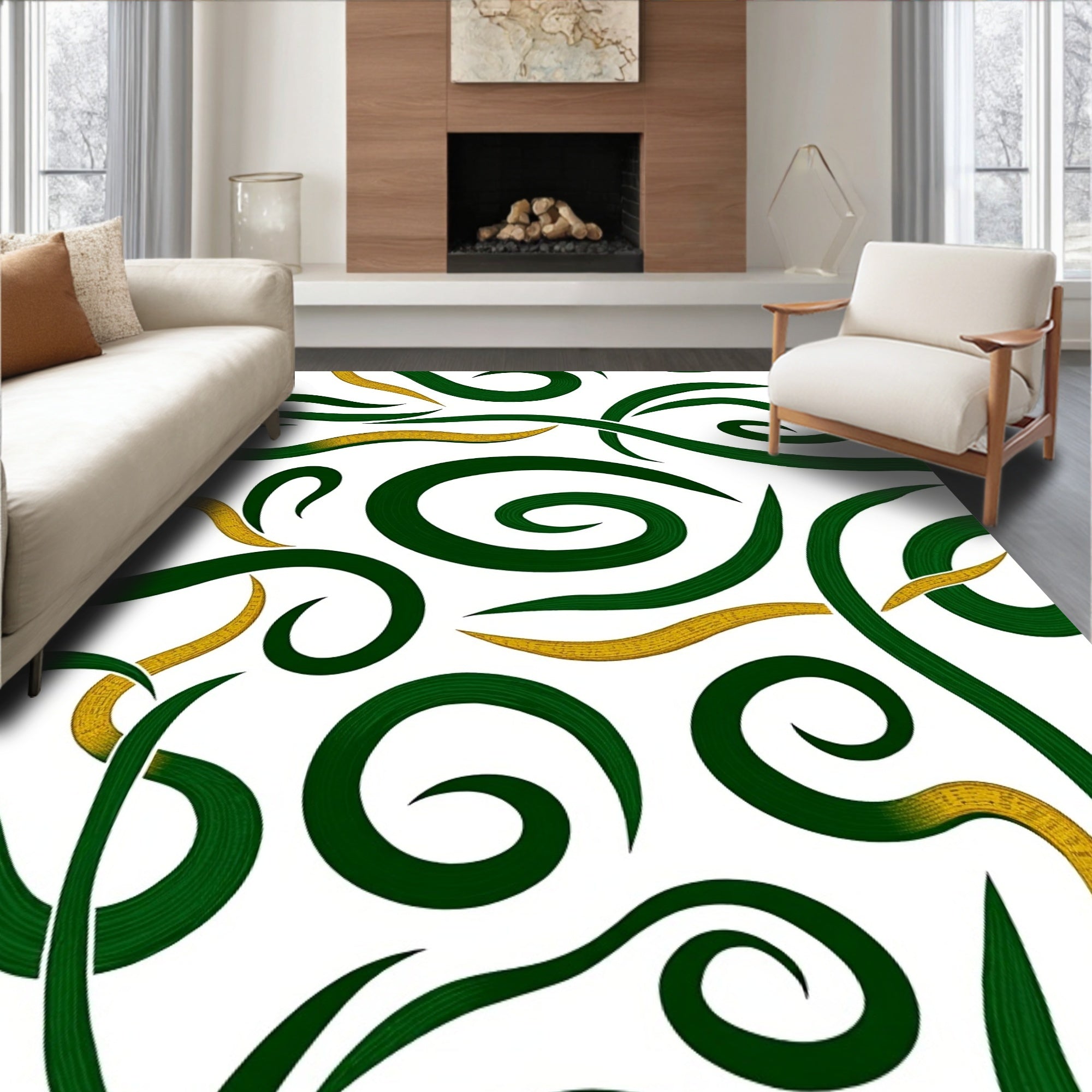 Green and Gold Swirling Vines Design Rug