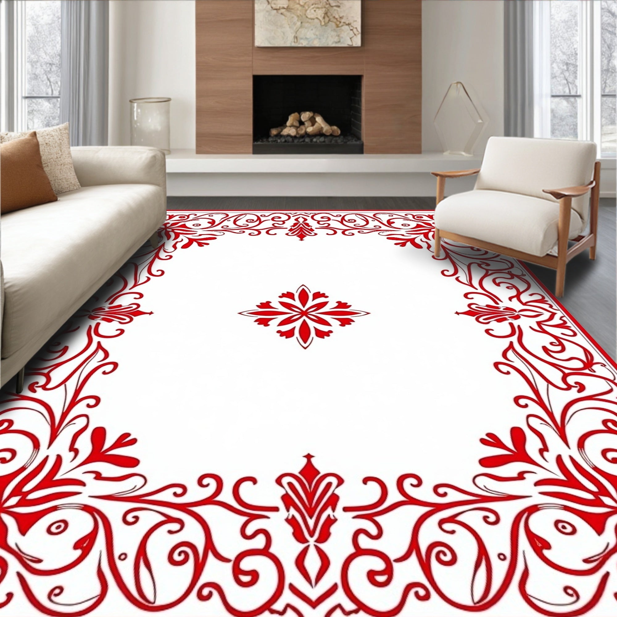 Red Floral Scrollwork Border Design Rug