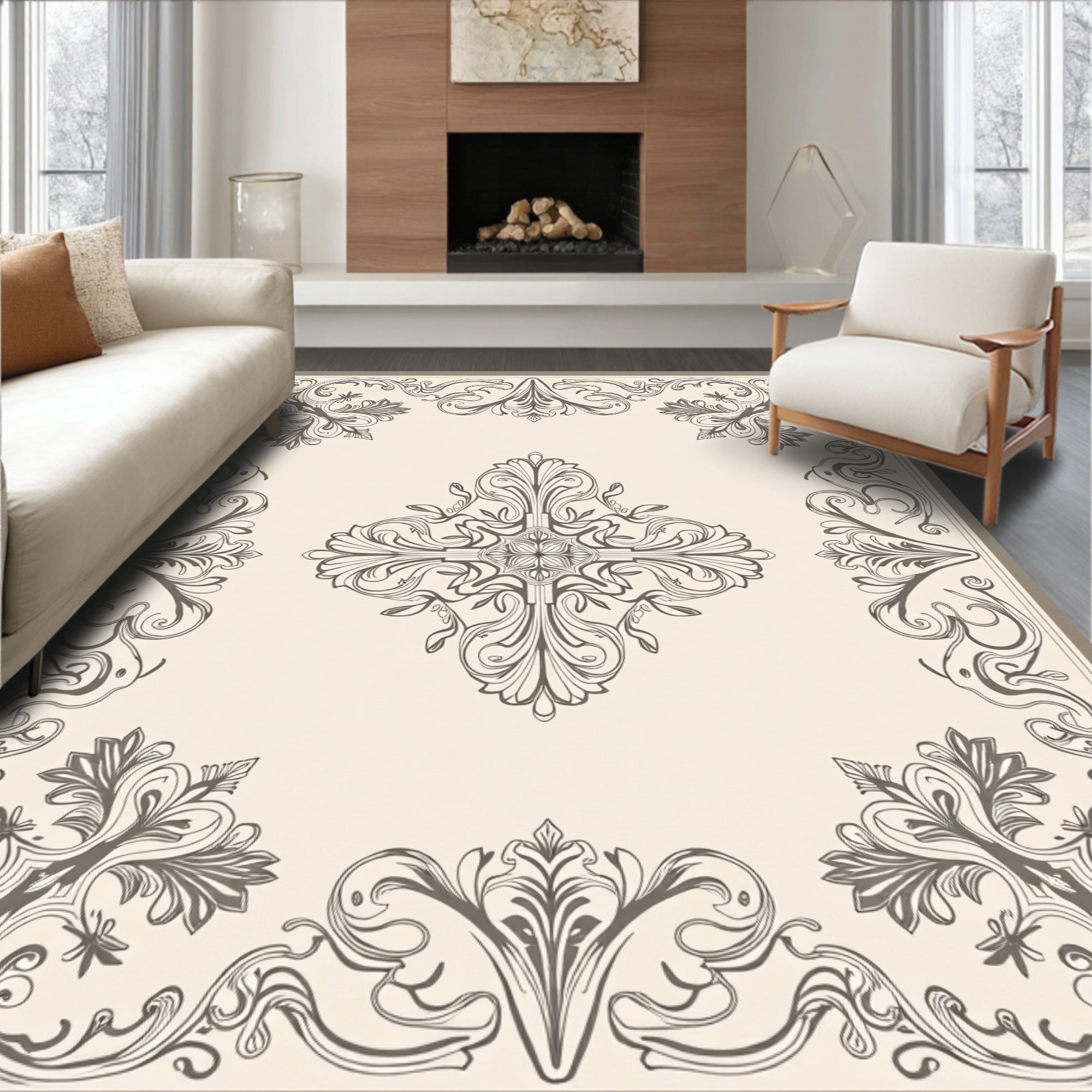 Ornate Scrollwork Floral Pattern Rug