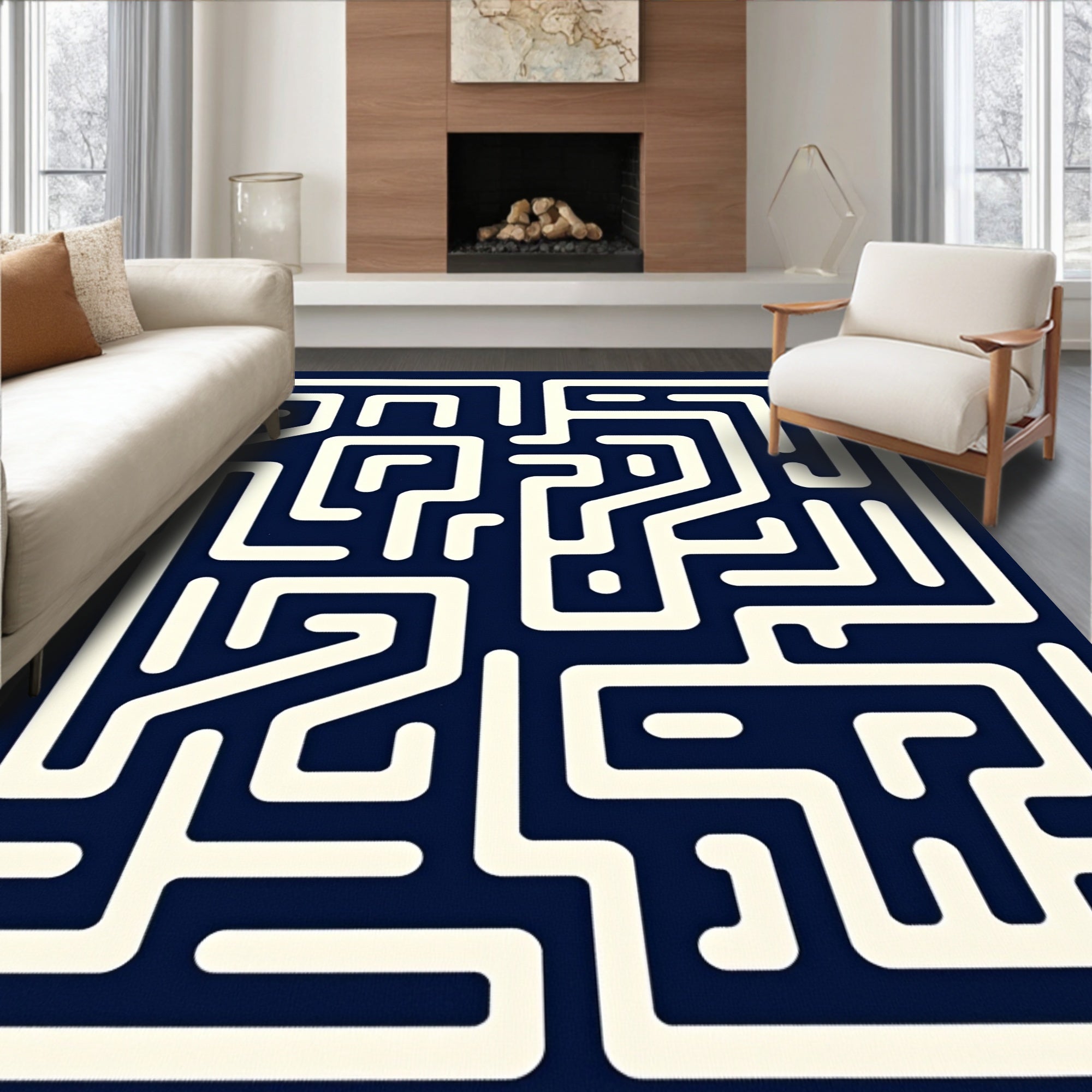 Navy Cream Maze Pattern Rug