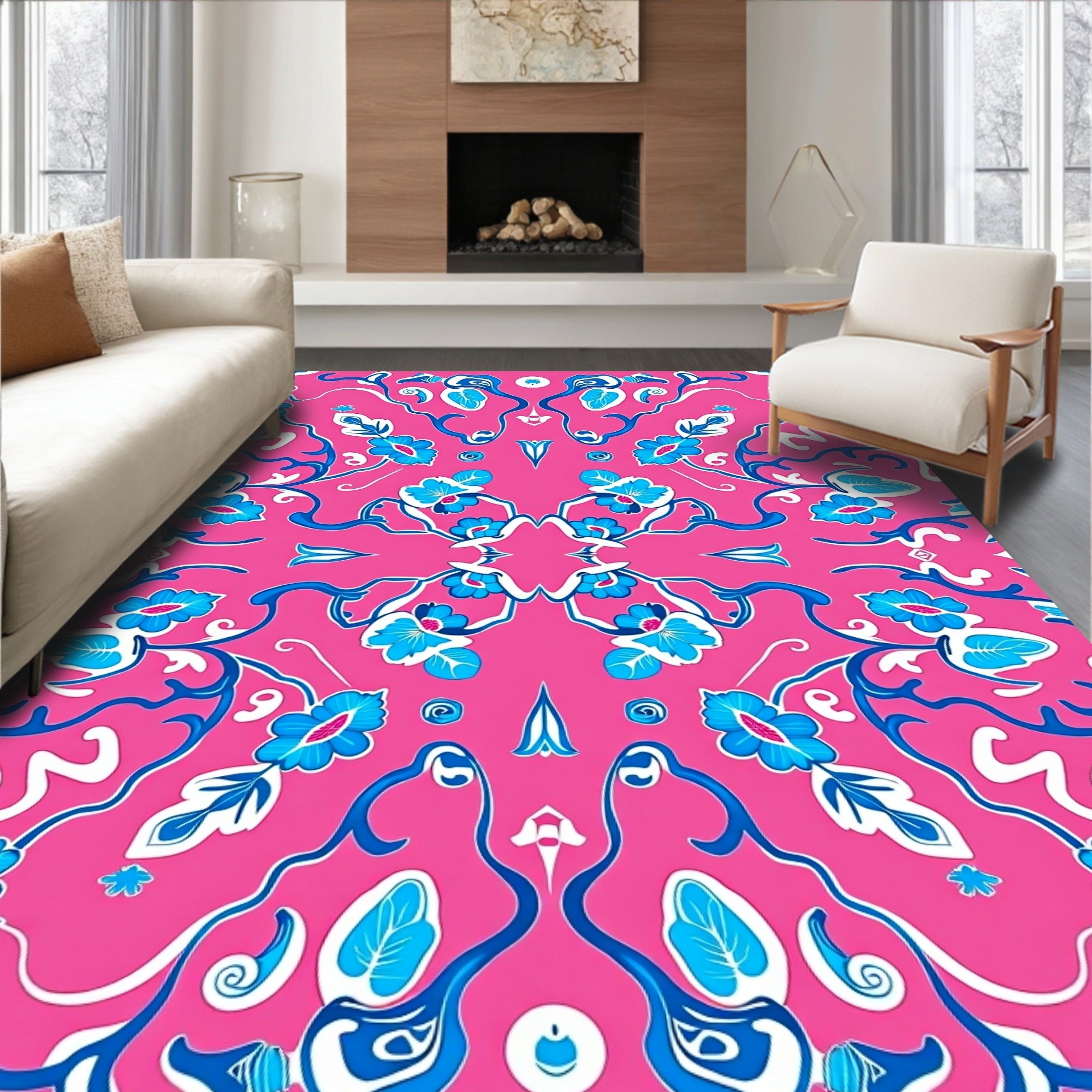 Ornate Floral Vines On Pink Background Rug