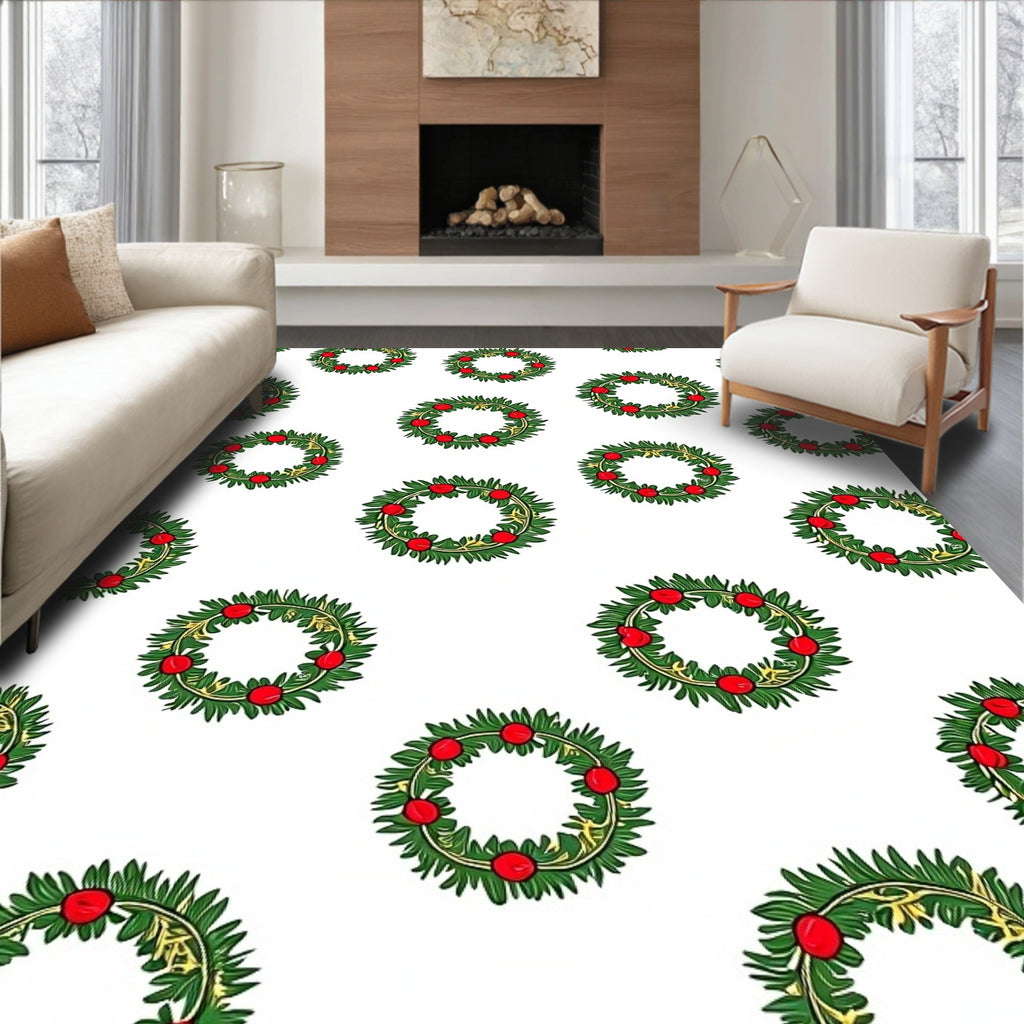 Festive Wreath Green Red Christmas Circular Rug