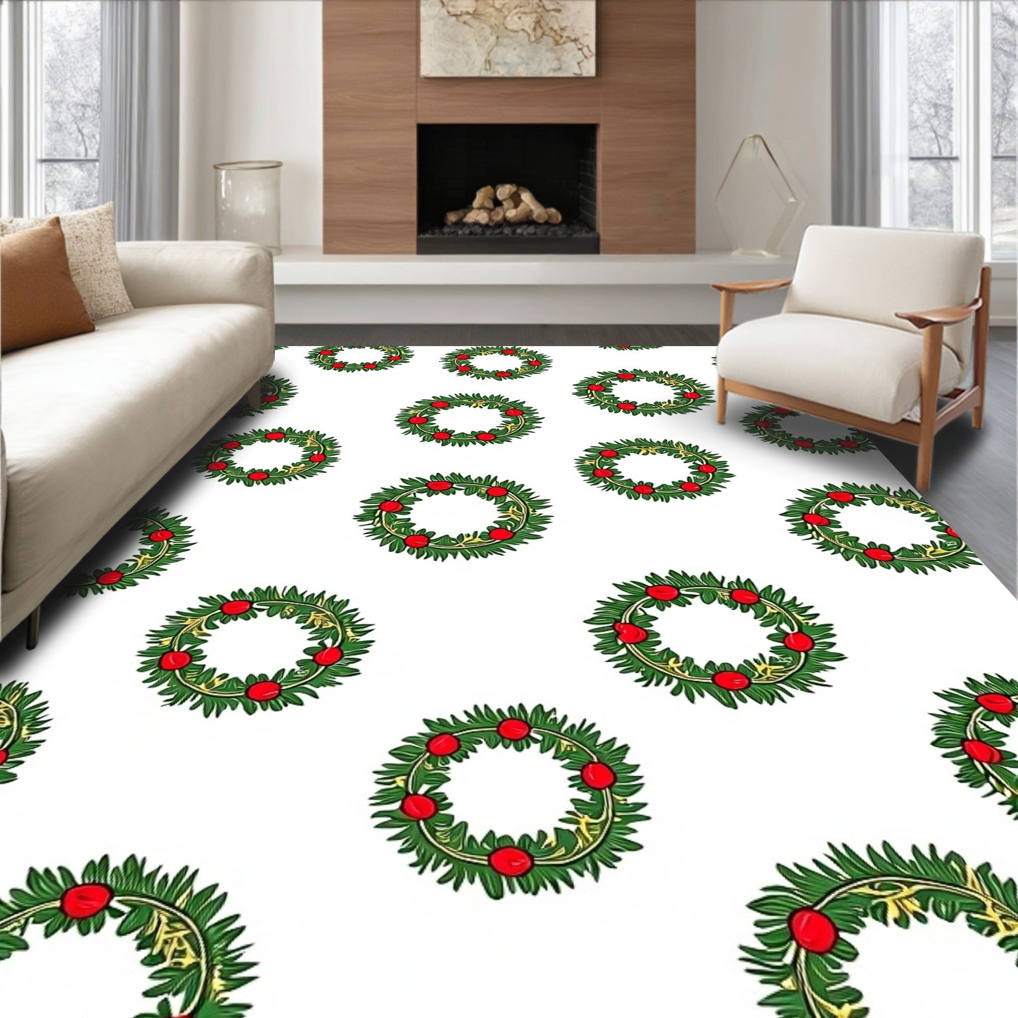 Festive Wreath Green Red Christmas Circular Rug
