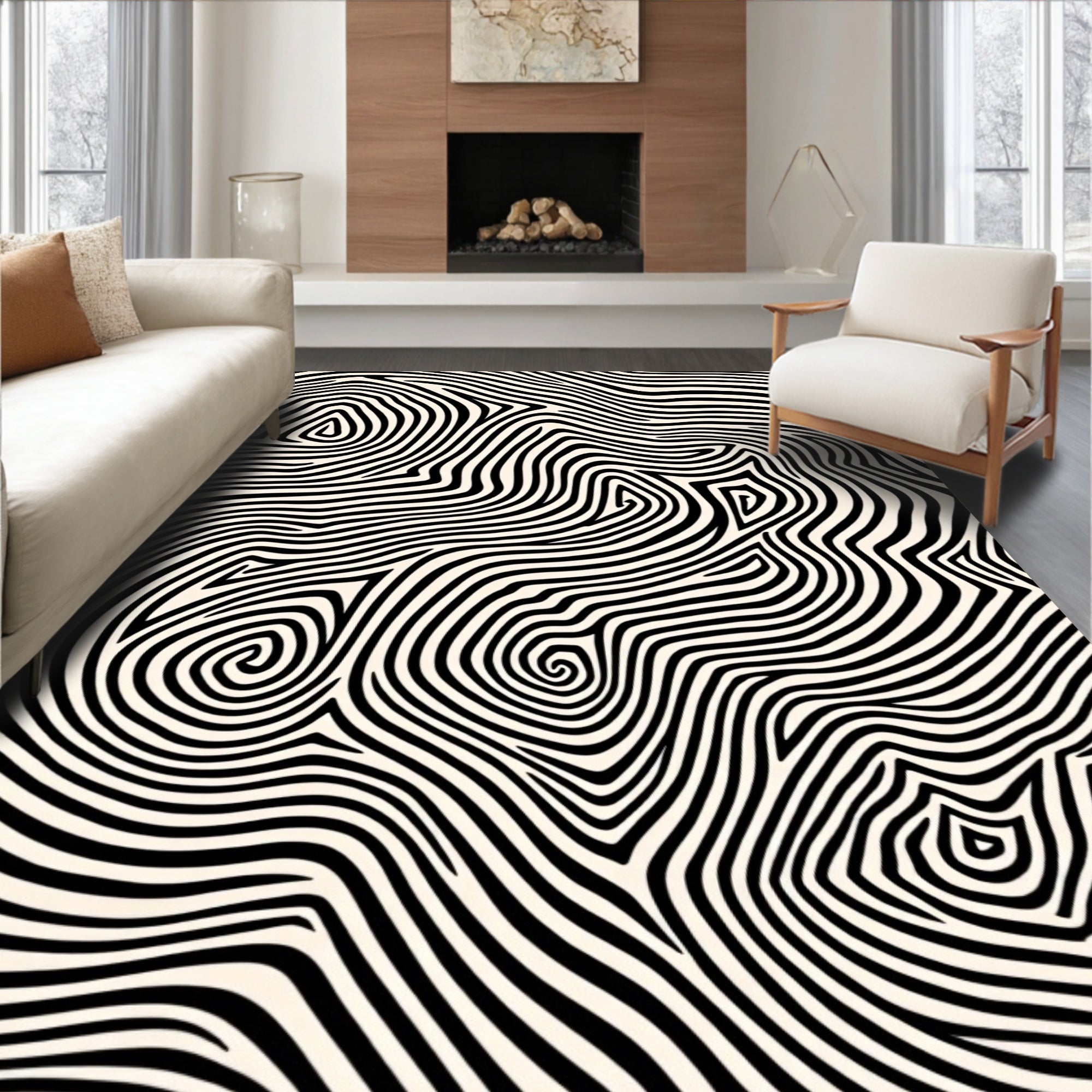 Abstract Black White Swirl Design Rug