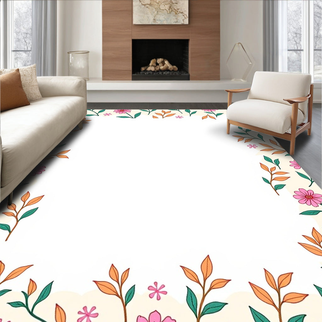 Whimsical Pink Flowers Leaves Border Rug