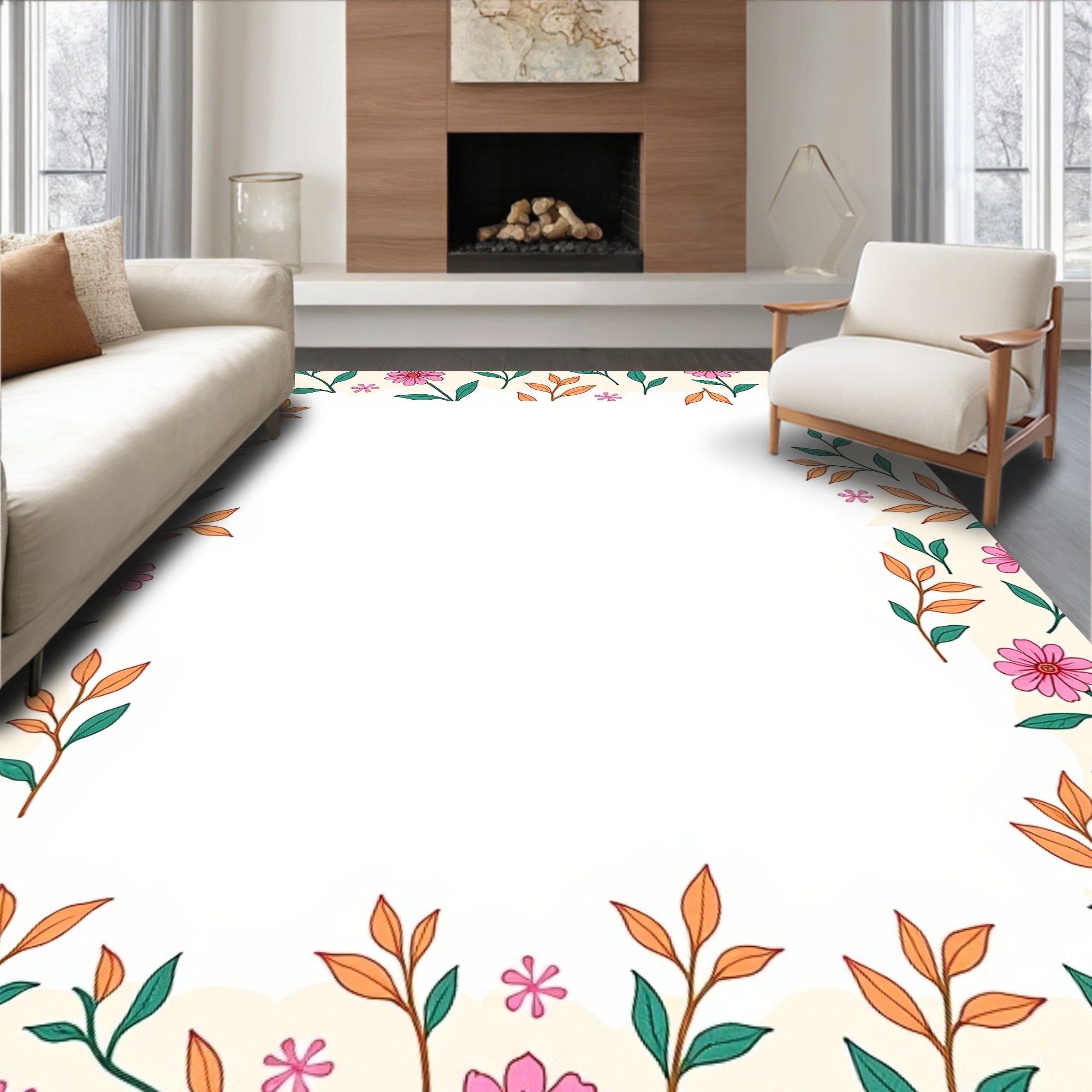 Whimsical Pink Flowers Leaves Border Rug