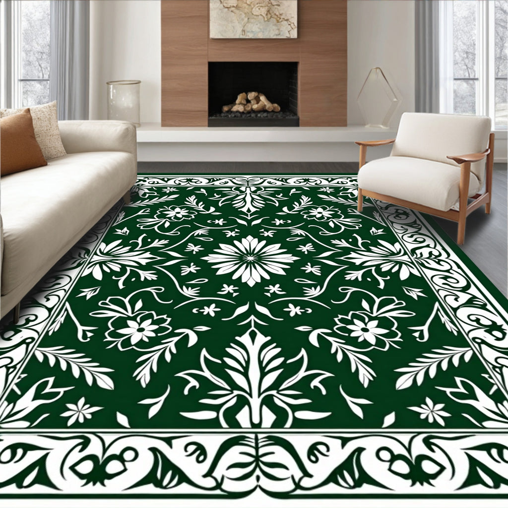 Ornate Floral Patterned Green Rug
