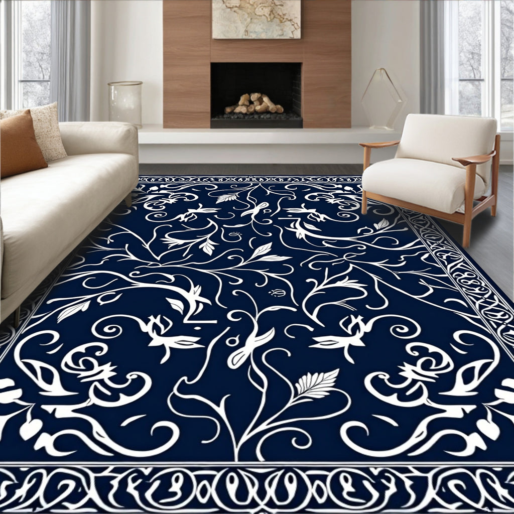 Classic Navy Floral Swirls Pattern Rug